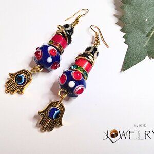 Boho Dangle Hamsa Hand Evil Eye Earrings with Vibrant Beads